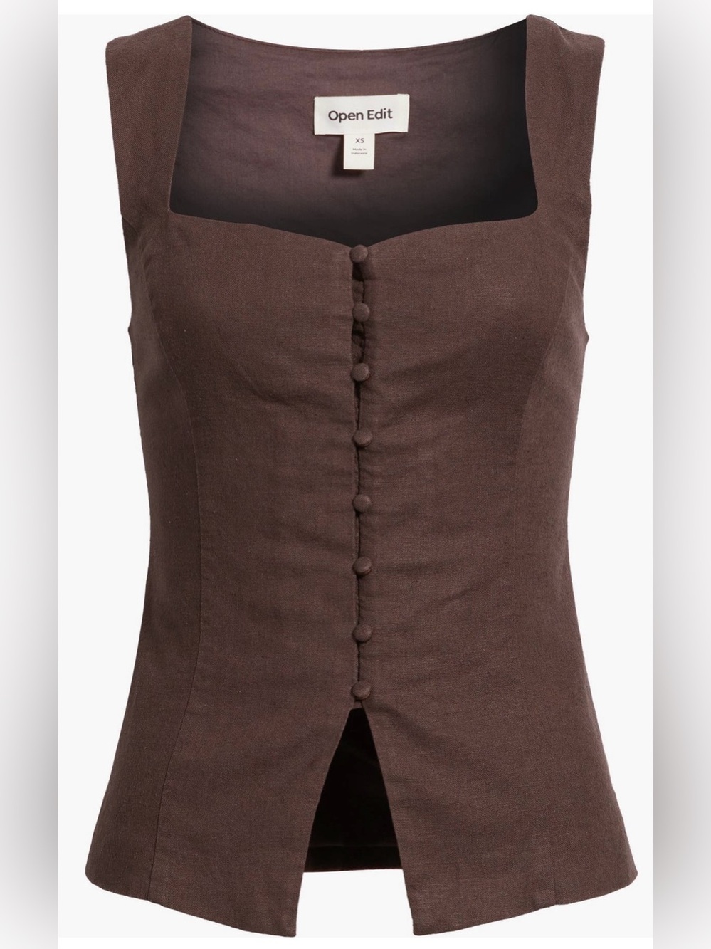 Open Edit Brown Linen Vest Sleeveless Top with Buttons